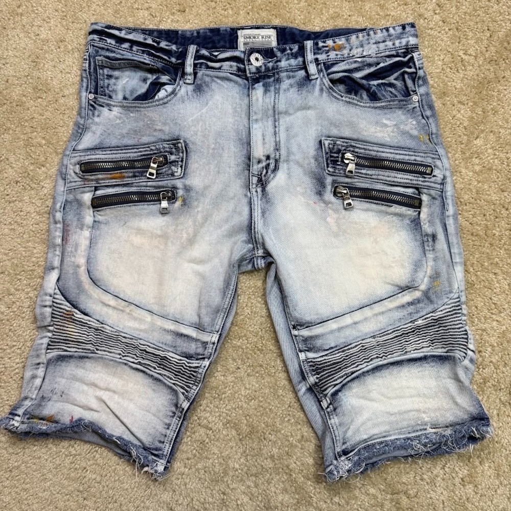 Smoke Rise Shorts Men 38 Cut Off Stretch Denim Paint Splattered Jean Biker Motto